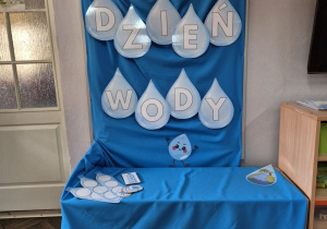 Zdjęcie przedstawia dekorację z okazji Światowego Dnia Wody, na niebieskim tle widać napis Dzień Wody w kształcie kropel.