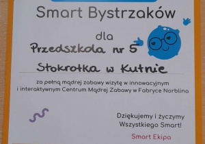 Certyfikat Smart Bystrzaków dla Przedszkola nr 5 "Stokrotka" w Kutnie.