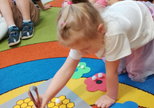 Maja szczypcami przenosi pomponiki - pyłek z sylwet kwiatów na plastry miodu.