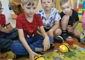 Olek w trakcie kodowania pszczółki BeeBot.