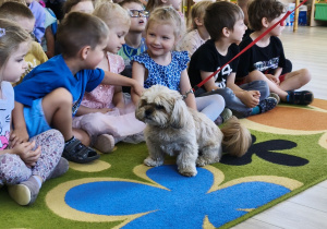 Dzieci z grupy "Pszczółki" głaszczą pieska.