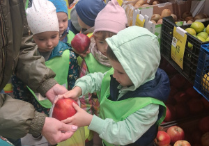 3. Chłopiec wkłada jabłko do torebki trzymanej przez panią. W tle stoją dzieci.
