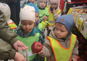 5. Chłopiec trzyma jabłko i wkłada do torebki.